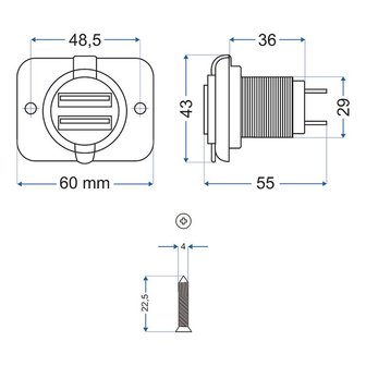 USB flush-mounted socket double type A 3100mA 12V/24V