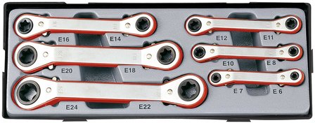 Offset star ratchet ring wrench set 6pc (15&deg; bowed)