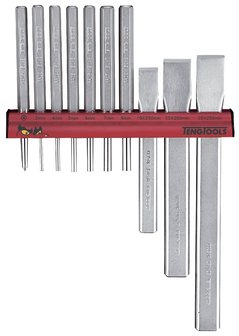Knockouts and chisels on wall rack 10-piece