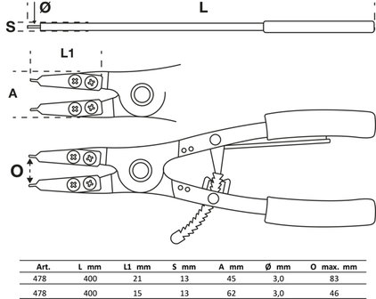 Circlip Pliers Set for utility vehicles exchangeable tips 400 mm