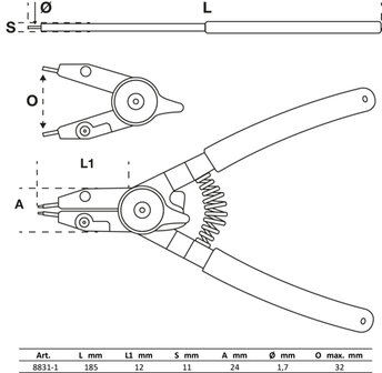 Circlip Pliers for external/internal circlips exchangeable tips 180 mm