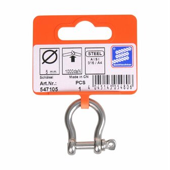 Short shackle 5mm, A4 stainless steel AISI 316, 1,000 daN