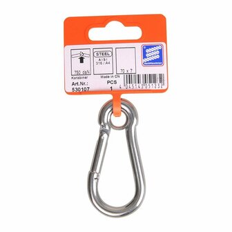 Carabiner hook 70x7mm, with closed eye, A4 stainless steel AISI 316, 750 daN