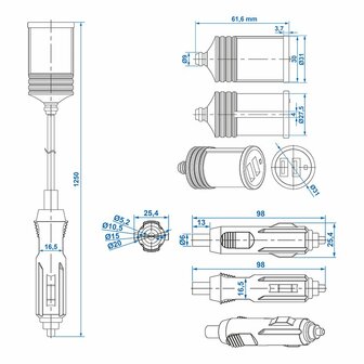 Extension cable 1M with USB charger 2-way type A 12V/24V