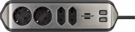 corner extension lead with USB charging function 4-way 2x earthed sockets &amp; 2x Euro&nbsp;sockets silver black
