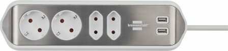 estilo&nbsp;corner socket strip with USB charging function 4-way 2x earthed sockets &amp; 2x Euro&nbsp;silver white