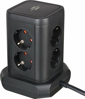 Tower Extension Lead 8-way with 2x USB A, 1x USB C Power Delivery black 2m H05VV-F3G1.5