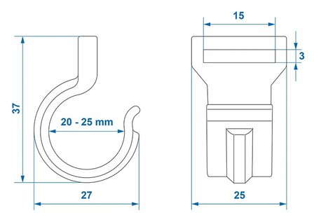 Tent clip for tent pole 20-25mm with slot black x10 stuks