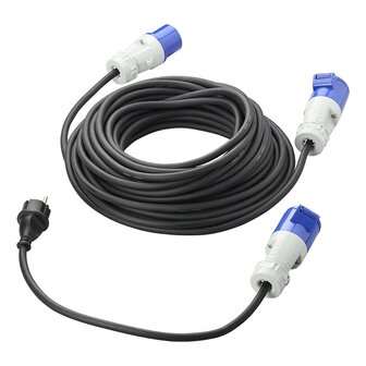 CEE set with 20 m extension cable 3x2.5 mm and 40 cm adapter cable from Schuko plug to CEE in storage bag