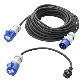 CEE set with 20 m extension cable 3x1.5 mm and 40 cm adapter cable from Schuko plug to CEE in storage bag