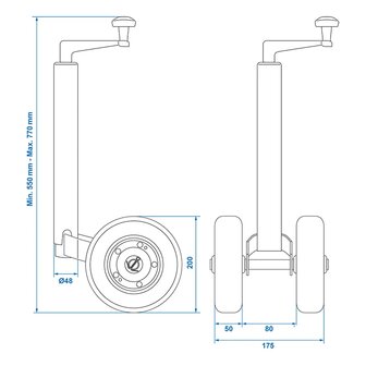 Double jockey wheel 48 mm with solid natural rubber tyres 200 x 50 mm