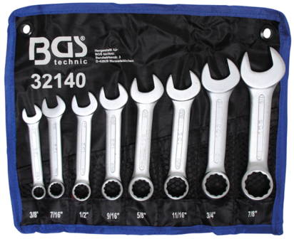 Combination Spanner Set, extra short Inch sizes 3/8 - 7/8, 8 pcs.