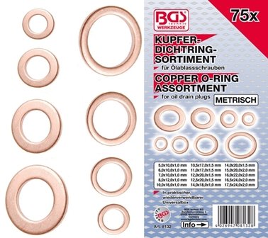 Seal Ring Assortment Copper Metric for Oil Drain Plugs 75 pcs