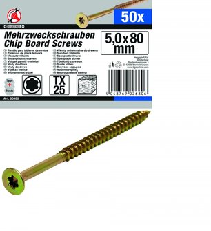 50-piece Multi-Purpose Screws, 5.0 x 80 mm, T25