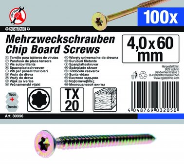 Multi-Purpose Screws T-Star (for Torx) T20 4.0 x 60 mm 100 pcs