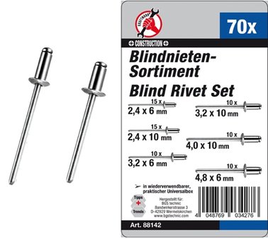Blind Rivets Assortment &Oslash; 2.4 - 4.8 mm 70 pcs