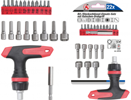 Bit / Socket Set  with Ratchet Spinner Handle for Bits, reversible  T&bull;Handle version  22 pcs.