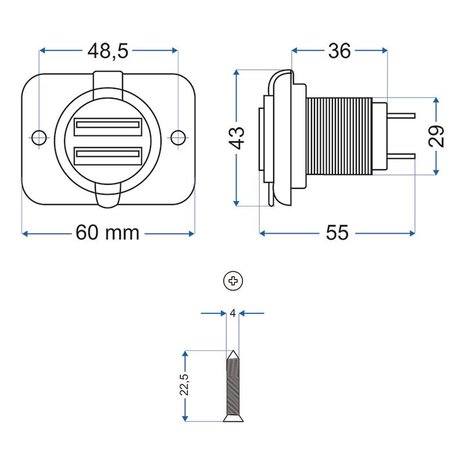USB flush-mounted socket double type A 3100mA 12V/24V