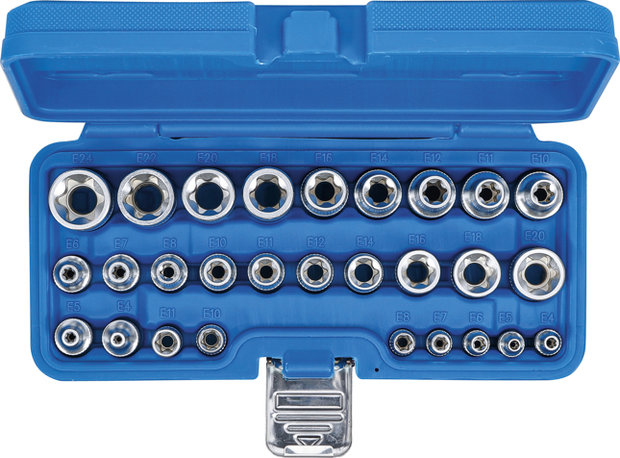 Socket Set, E-Type 6.3 mm (1/4) / 12.5 mm (1/2) Drive E4 - E24 28 pcs