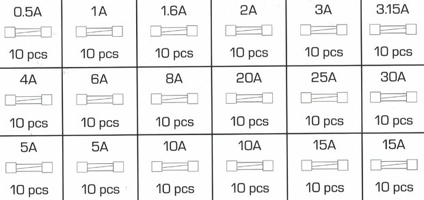 Sterling Assortiment Quick Blow Glass Fuse 0,5A- 15A 180 Pcs