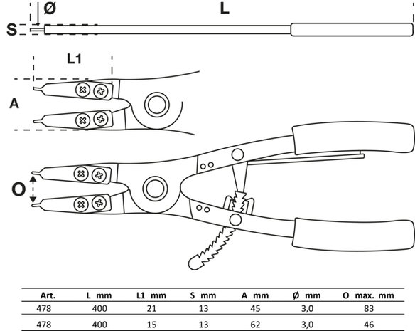 Circlip Pliers Set for utility vehicles exchangeable tips 400 mm