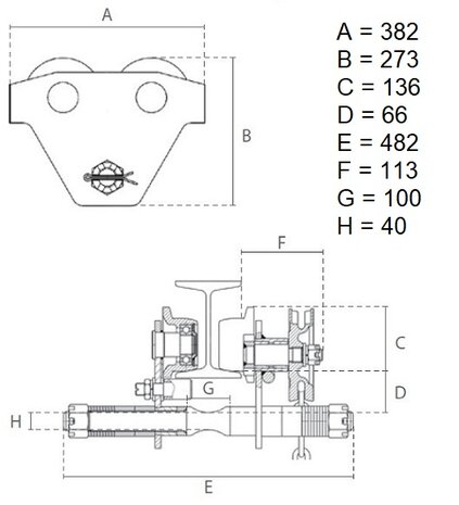 Chain trolley 5 tons 2,5 meters operating height