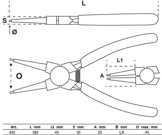 Circlip Pliers straight for inside circlips 180 mm