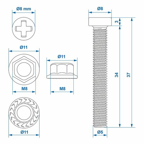 Screw set M8 6-piece for socket