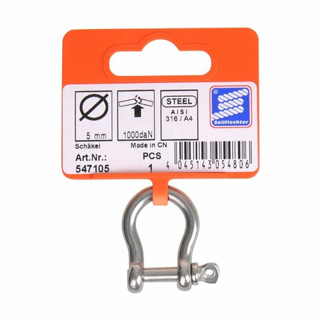 Short shackle 5mm, A4 stainless steel AISI 316, 1,000 daN