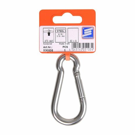 Carabiner 80x8mm, A4 stainless steel AISI 316, 870 daN