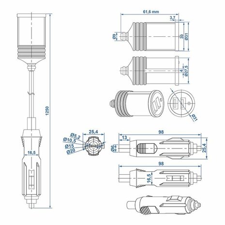 Extension cable 1M with USB charger 2-way type A 12V/24V
