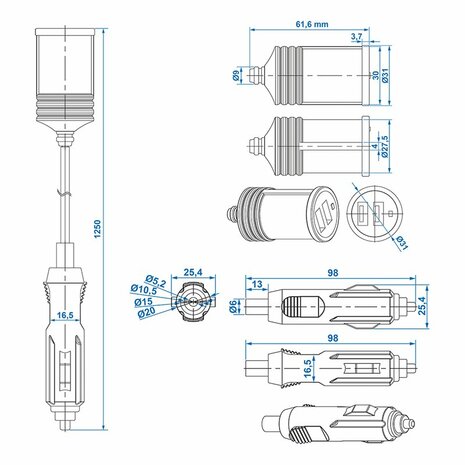 Extension cable 1M with USB charger 2-way type A 12V/24V