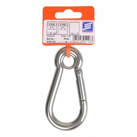 Carabiner hook 100x10mm, with closed eye, A4 stainless steel AISI 316, 1,150 daN