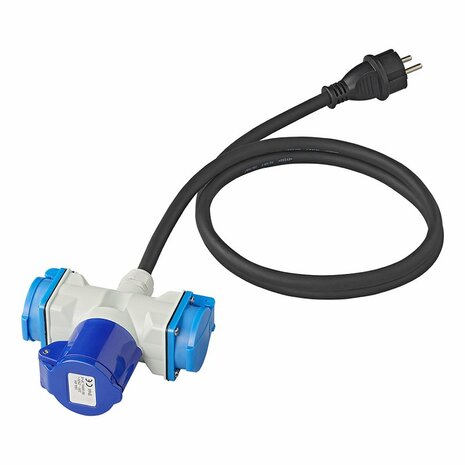 Adapter cable 150cm 3x1.5mm² from Schuko plug to 1xCEE + 2xSchuko socket