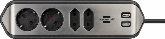 corner extension lead with USB charging function 4-way 2x earthed sockets & 2x Euro sockets silver black