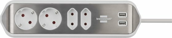 estilo corner socket strip with USB charging function 4-way 2x earthed sockets & 2x Euro silver white