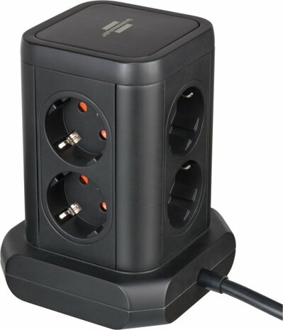 Tower Extension Lead 8-way with 2x USB A, 1x USB C Power Delivery black 2m H05VV-F3G1.5