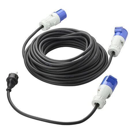 CEE set with 20 m extension cable 3x2.5 mm and 40 cm adapter cable from Schuko plug to CEE in storage bag