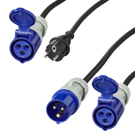 CEE set with 20 m extension cable 3x2.5 mm and 40 cm adapter cable from Schuko plug to CEE in storage bag