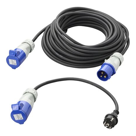 CEE set with 20 m extension cable 3x1.5 mm and 40 cm adapter cable from Schuko plug to CEE in storage bag