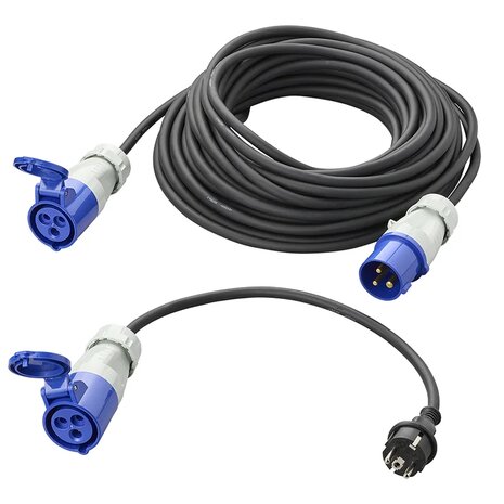 CEE set with 20 m extension cable 3x1.5 mm and 40 cm adapter cable from Schuko plug to CEE in storage bag