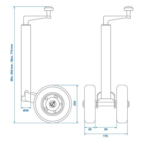 Double jockey wheel 48 mm with solid natural rubber tyres 200 x 50 mm