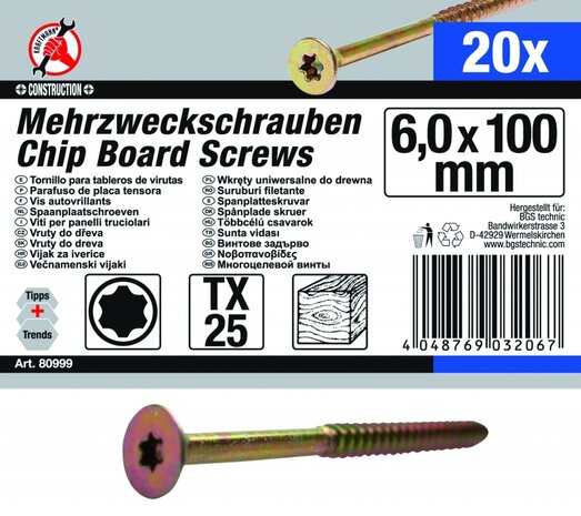 Multi-Purpose Screws T-Star (for Torx) T25 6.0 x 100 mm 20 pcs