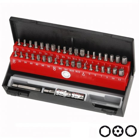 Bit set with bore hole shank guide 42-piece