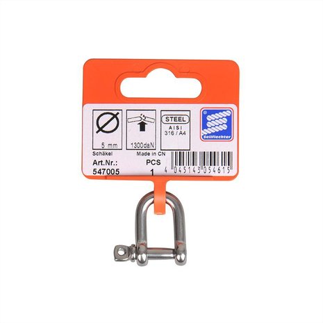 D-shackle 5mm, A4 RVS AISI 316, 1.300 daN