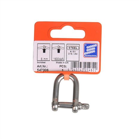 D-shackle 6mm, A4 RVS AISI 316, 1.800 daN