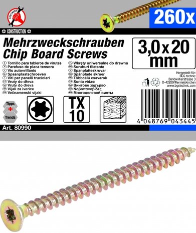 Multi-Purpose Screws T-Star (for Torx) T10 3.0 x 20 mm 260 pcs