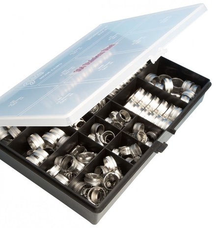 Stainless steel hose clamps in sturdy ABS case 143-piece