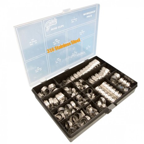 Stainless steel hose clamps in sturdy ABS case 143-piece