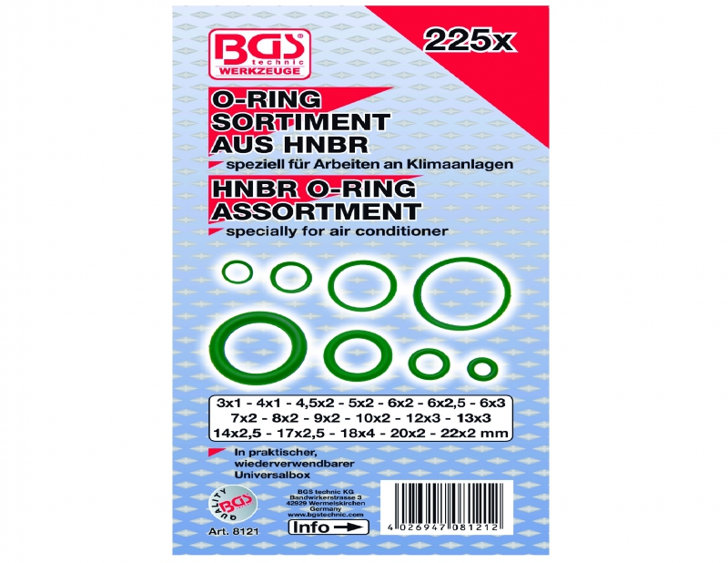 HNBR O Ring Assortment For Air Con Pipes Etc BGS 3-22 mm Ø 8121 